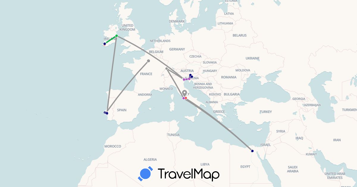 TravelMap itinerary: driving, bus, plane, train, hiking in Egypt, France, Ireland, Italy, Portugal, Slovenia (Africa, Europe)